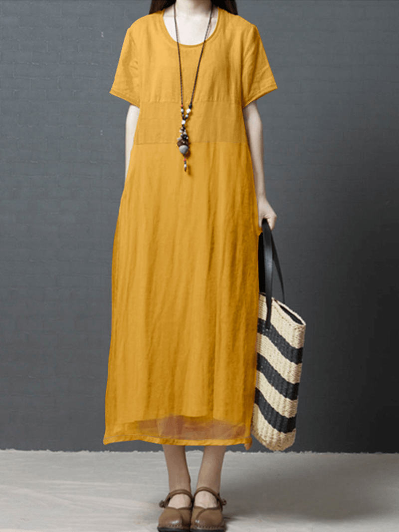 Women Solid Color Patchwork round Neck Cotton Midi Dress with Pocket - MRSLM