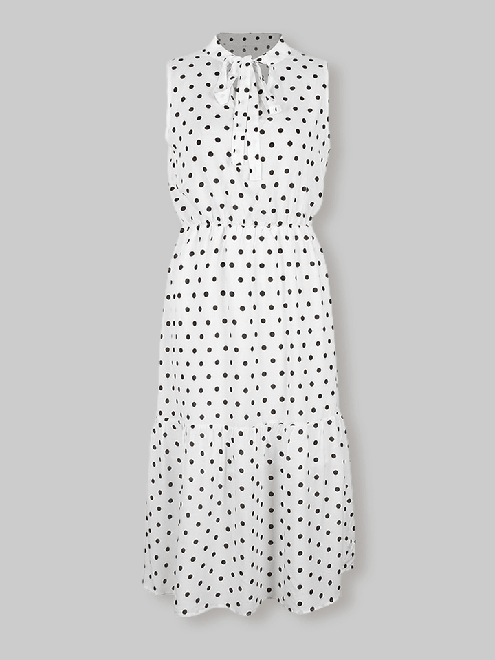 Polka Dot Print V-Neck Sleeveless Knotted Pleated Dress for Women - MRSLM