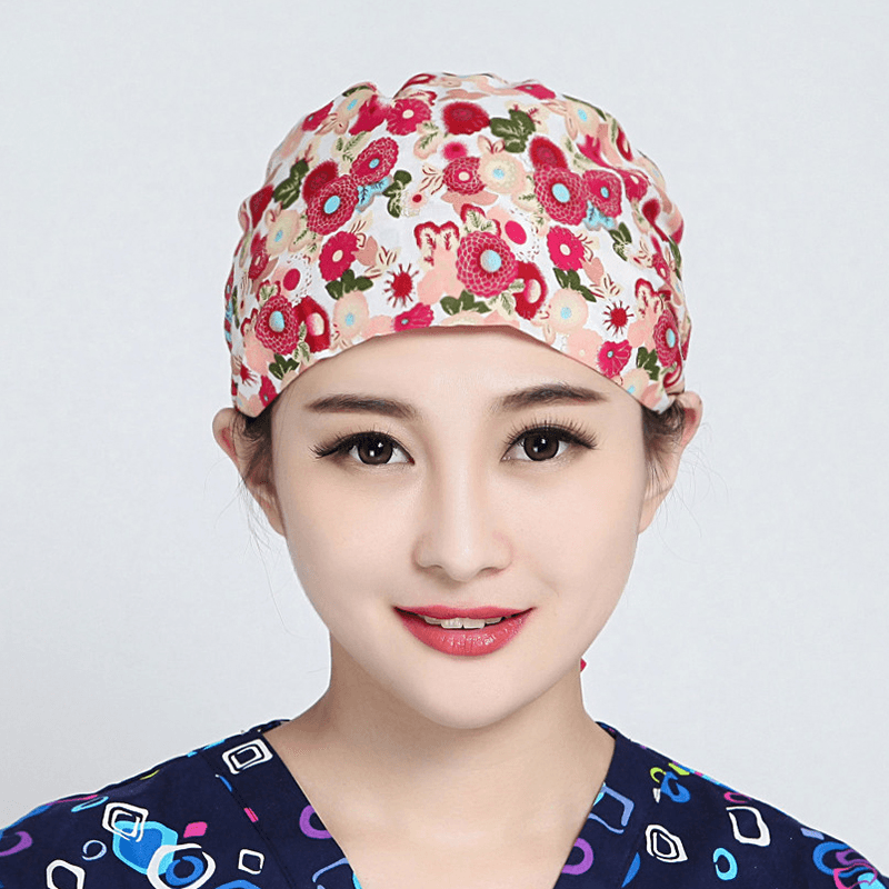 Women Flower Print Cotton Surgical Cap Doctor Nurse Work Hat - MRSLM