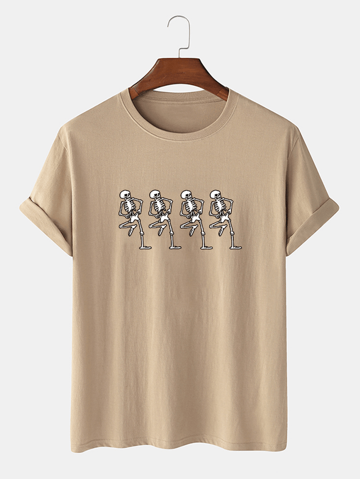 Mens 100% Cotton Skeleton Print O-Neck Short Sleeve T-Shirts - MRSLM