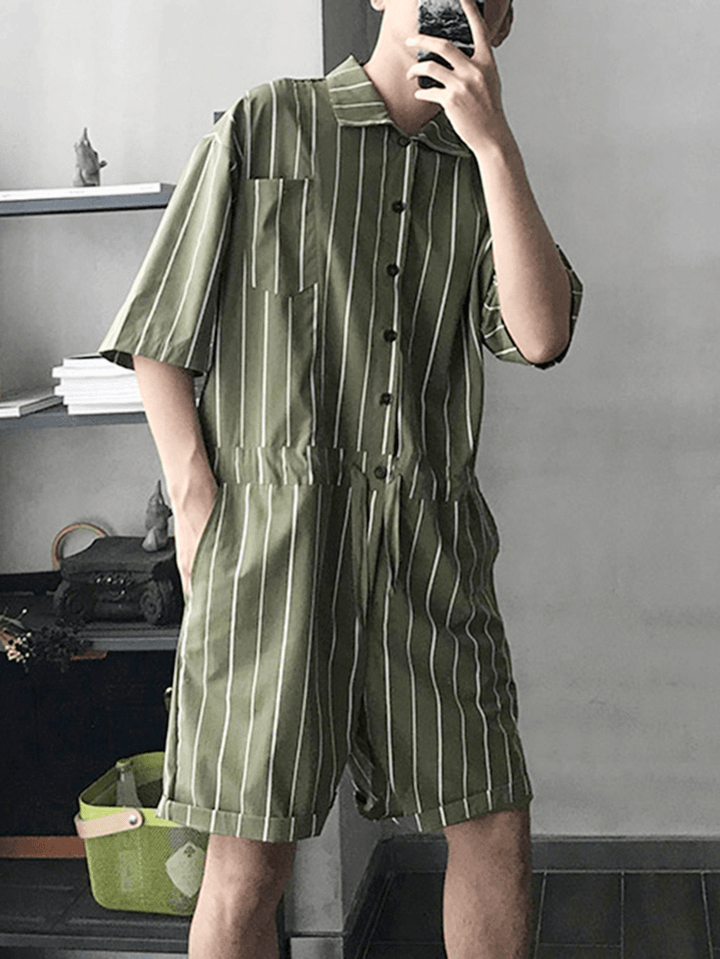 Mens Vintage Striped Rompers Set Short Sleeve Onesie Fashion Jumpsuit - MRSLM