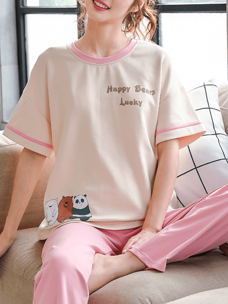 Plus Size Women Cute Cartoon Animal Print Cotton Short Sleeve Pajama Sets - MRSLM