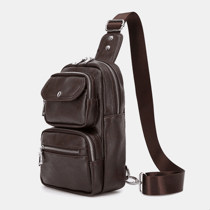 Men PU Leather Multi-Pocket Large Capacity Vintage Crossbody Bag Chest Bag Sling Bag - MRSLM
