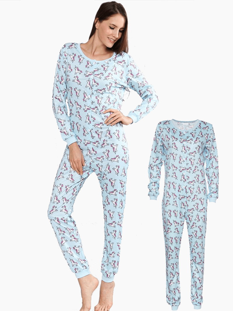 Long Sleeve Unicorn Printing Button-Down O-Neck Pajama Set - MRSLM
