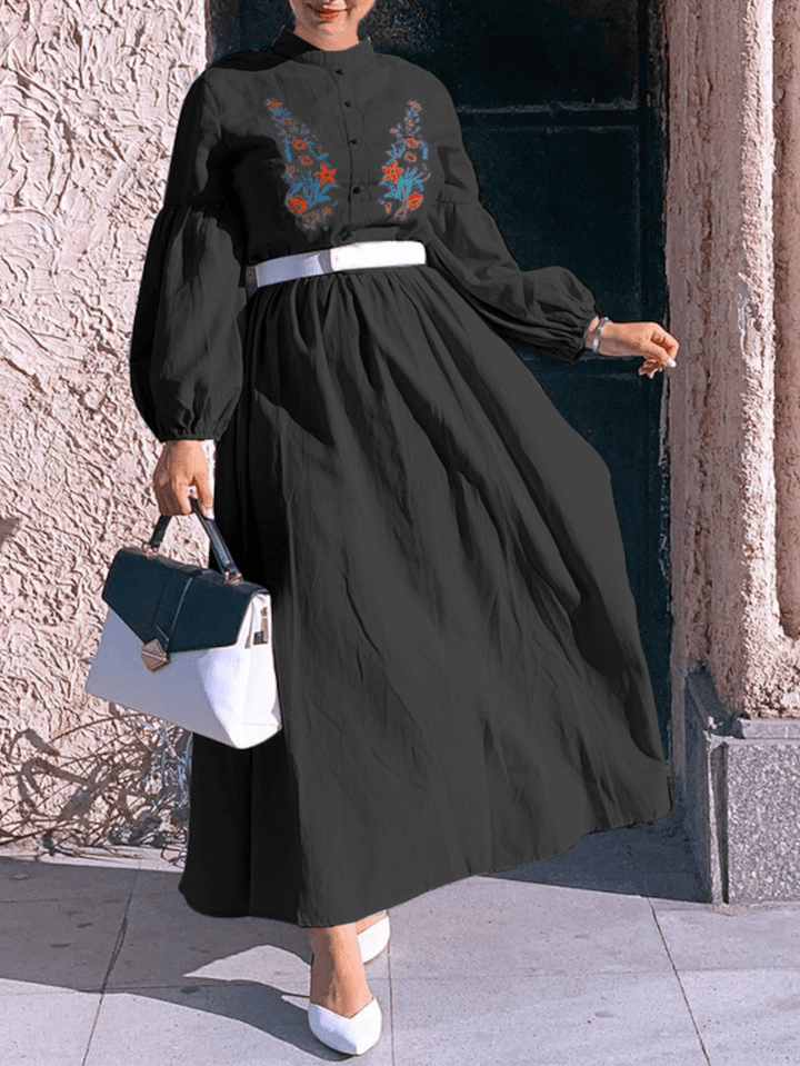Women Lantern Sleeve Stand Collar Embroidery Pleats Long Sleeve Ankle Length Maxi Dresses - MRSLM