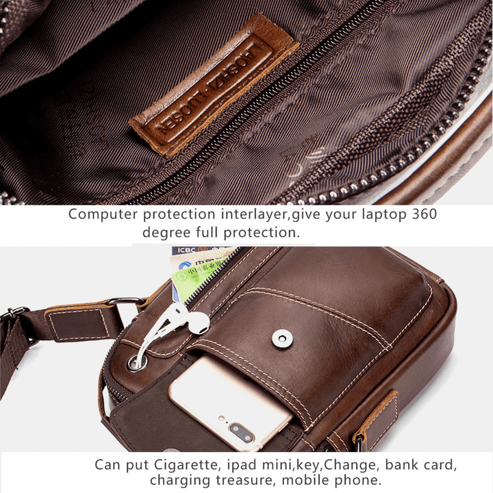 Men Genuine Leather Wear-Resistant Headphone Hole Multi-Pocket Vintage Crossbody Bag Shoulder Bag - MRSLM