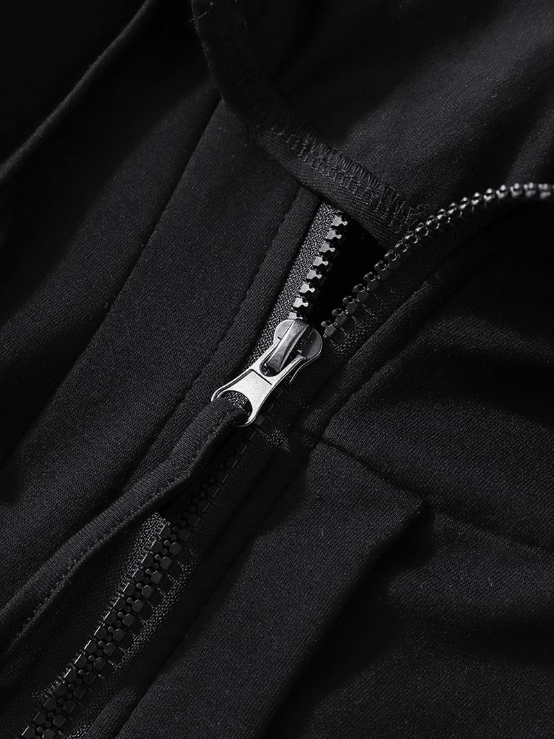 Mens Black Hooded Zip-Up Irregular Hem Long Sleeve Design Cardigans with Pocket - MRSLM