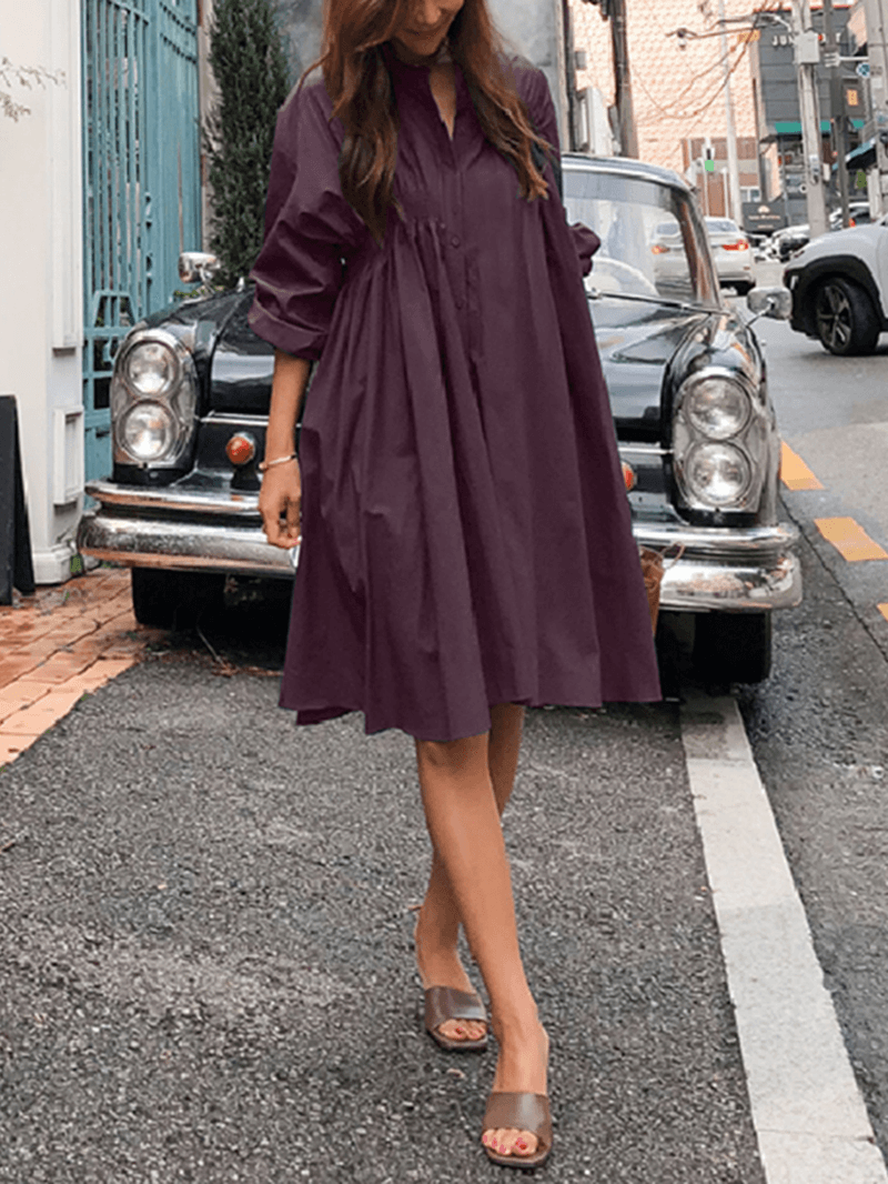 Women Solid Color Pleated Long Sleeve Casual Shirt Midi Dresses - MRSLM
