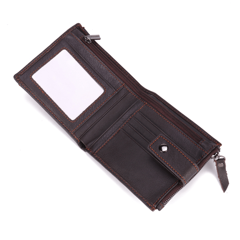 Men Genuine Leather Short Wallet Vintage Card Holder Zipper Credit Card Wallet with 12 Card Slots - MRSLM