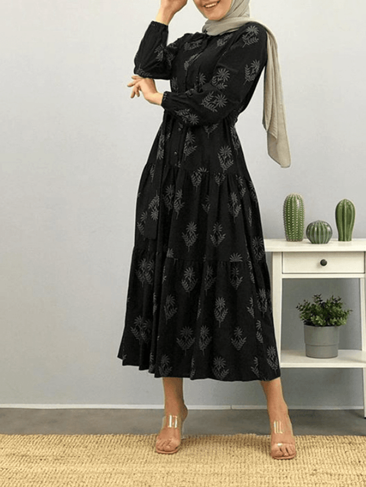 Women Floral Print Lapel Puff Sleeve Kaftan Maxi Dress with Belted - MRSLM