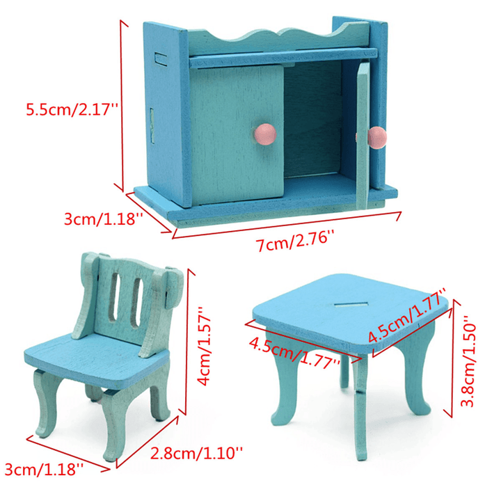 Wooden Dollhouse Furniture Doll House Miniature Dinning Room Set Kids Role Play Toy Kit - MRSLM