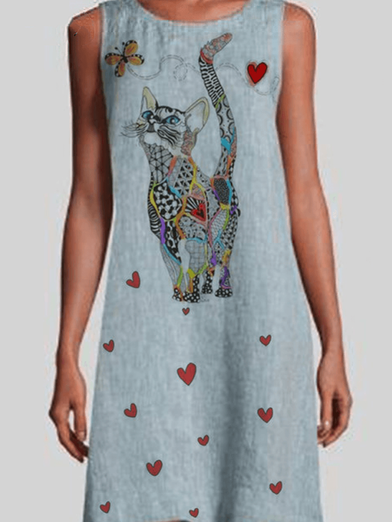 Women Colorful Cat Print Sleeveless Vintage Dresses - MRSLM