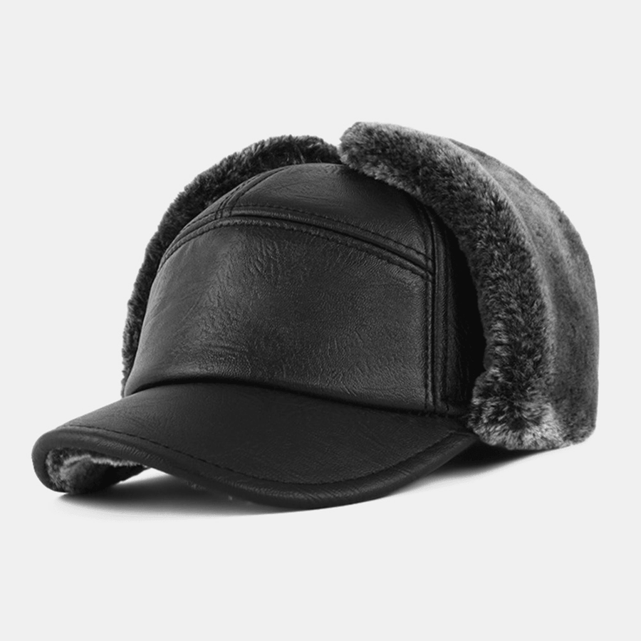 Men PU Leather Plush Thicken Outdoor Windproof Ear Protection Warmth Trapper Hat Ushanka Hat - MRSLM