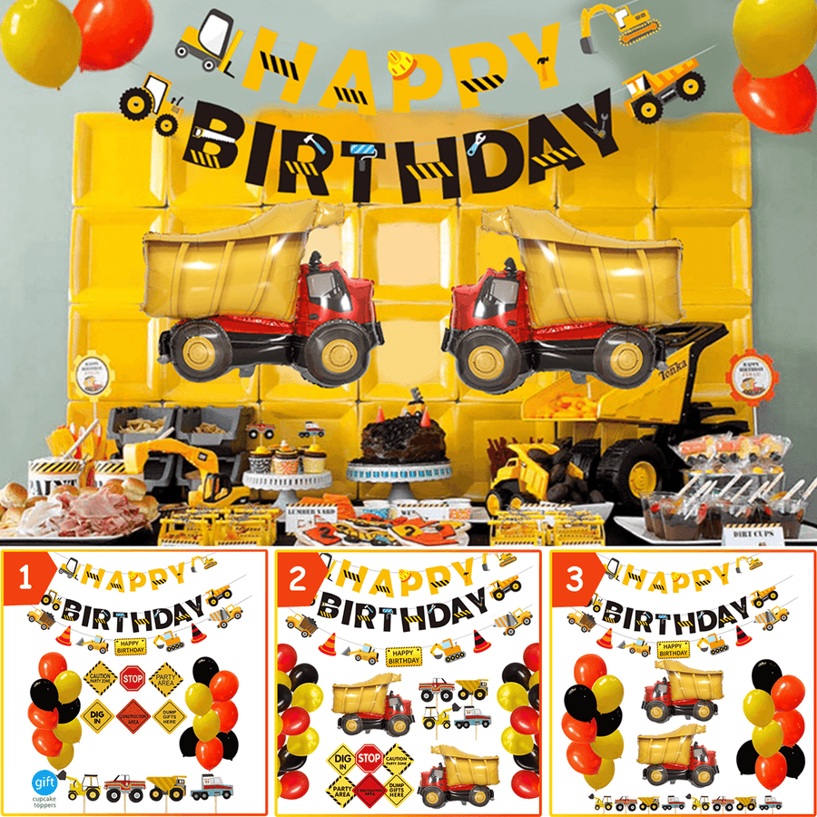 Construction Truck Birthday Flag Sign Cake Insert Aluminum Film Balloon Engineering Car for Party Decoration - MRSLM