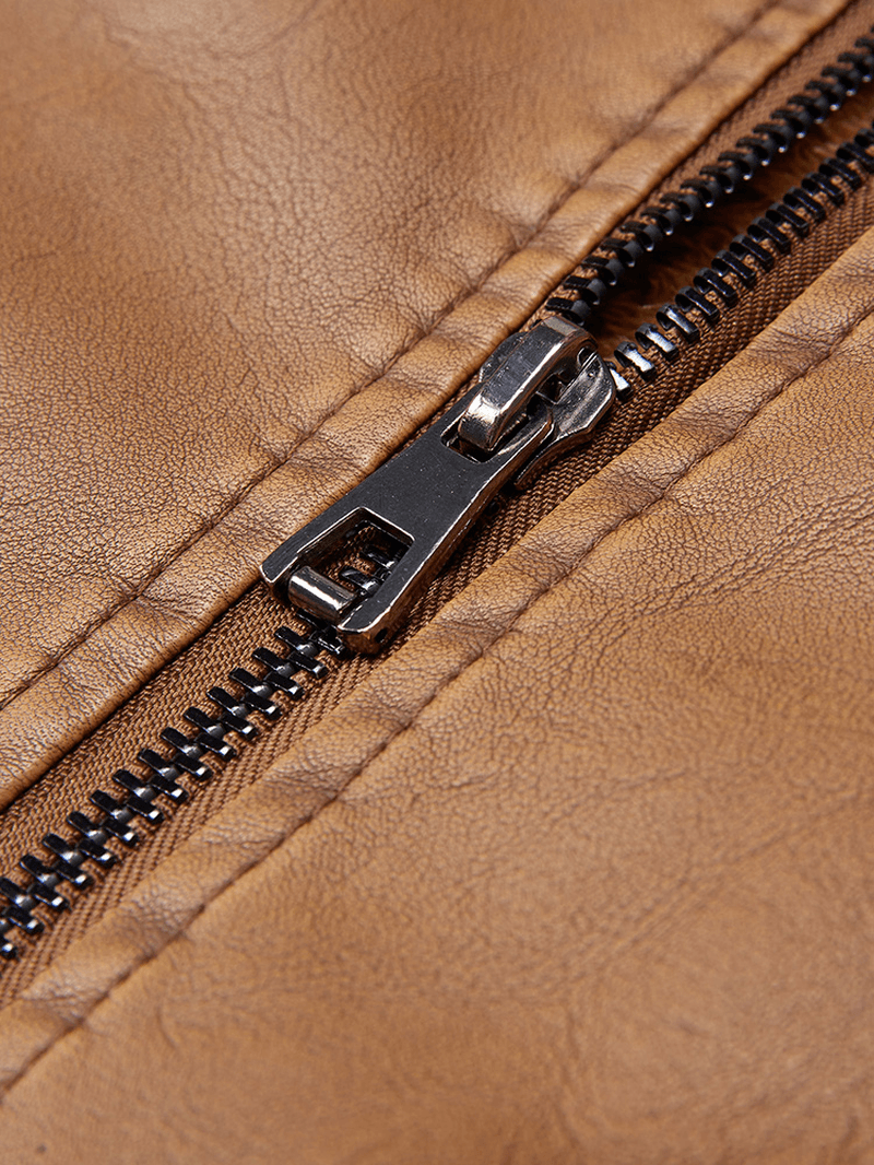 Mens Washed Vintage Multi-Pocket Zipper Lapel Winter Thicken PU Leather Jacket - MRSLM