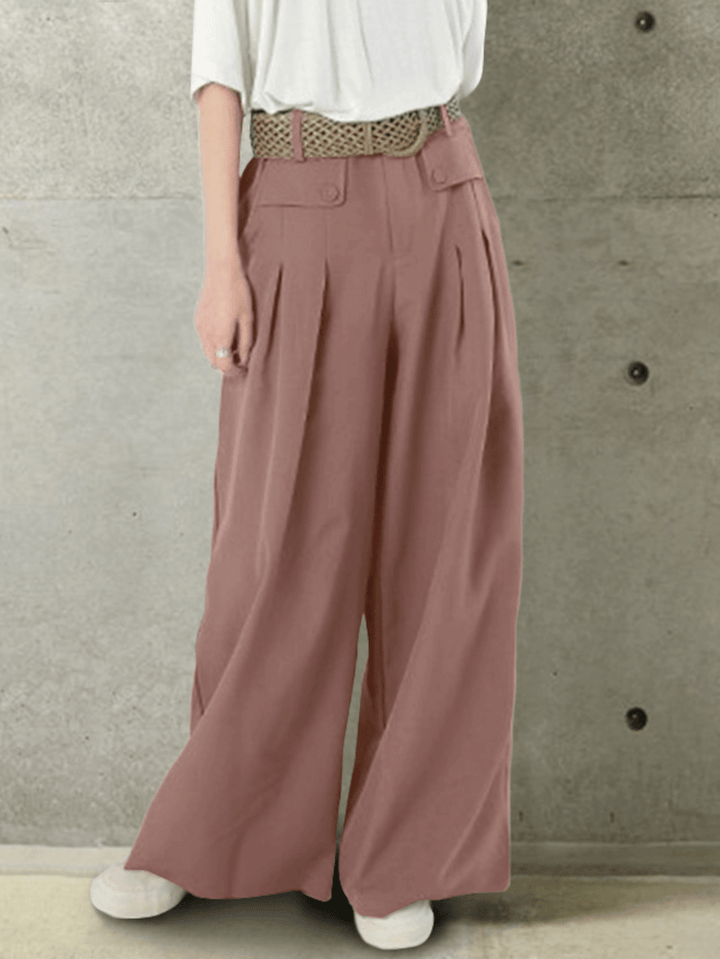 Women Solid Color Button Casual Loose Wide Leg Pants with Pocket - MRSLM
