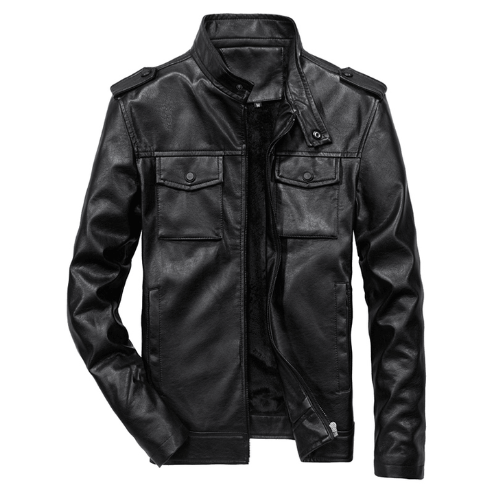 Mens Multi-Pocket Faux Leather Stand Collar Jacket - MRSLM