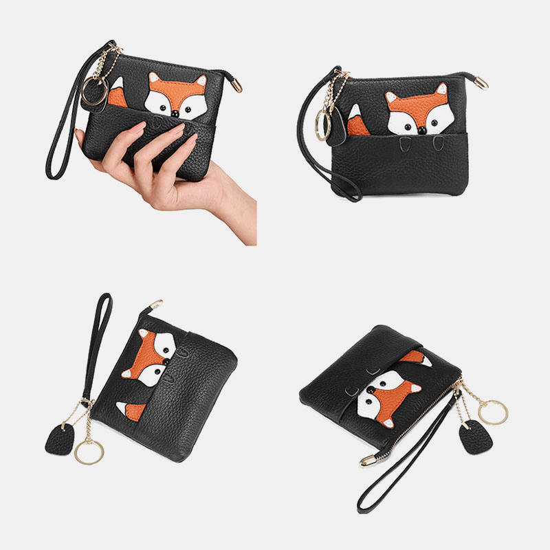 Women Genuine Leather Casual Cute Outdoor Cartoon Animal Fox Pattern Small Coin Bag Wallet - MRSLM