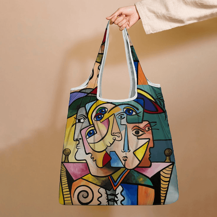 Women Abstract Figures Pattern Print Handbag Shoulder Bag Lightweight Shopping Cloth Bags - MRSLM