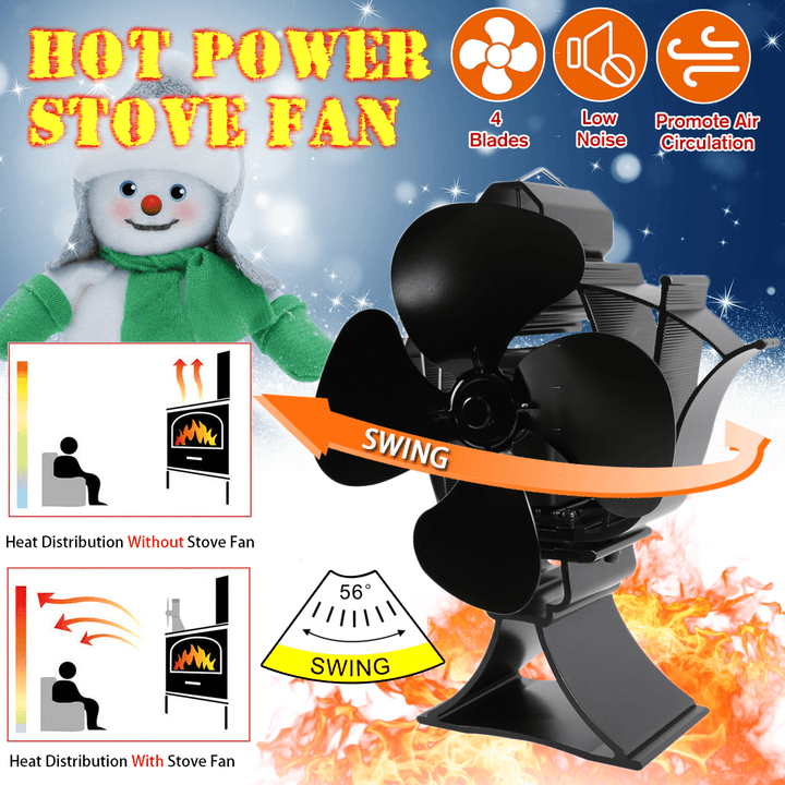 Ipree® 4 Blades Fireplace Fan Thermal Heat Power Stove Fan Wood Burner Fan Heat Power Fan Rotatable - MRSLM