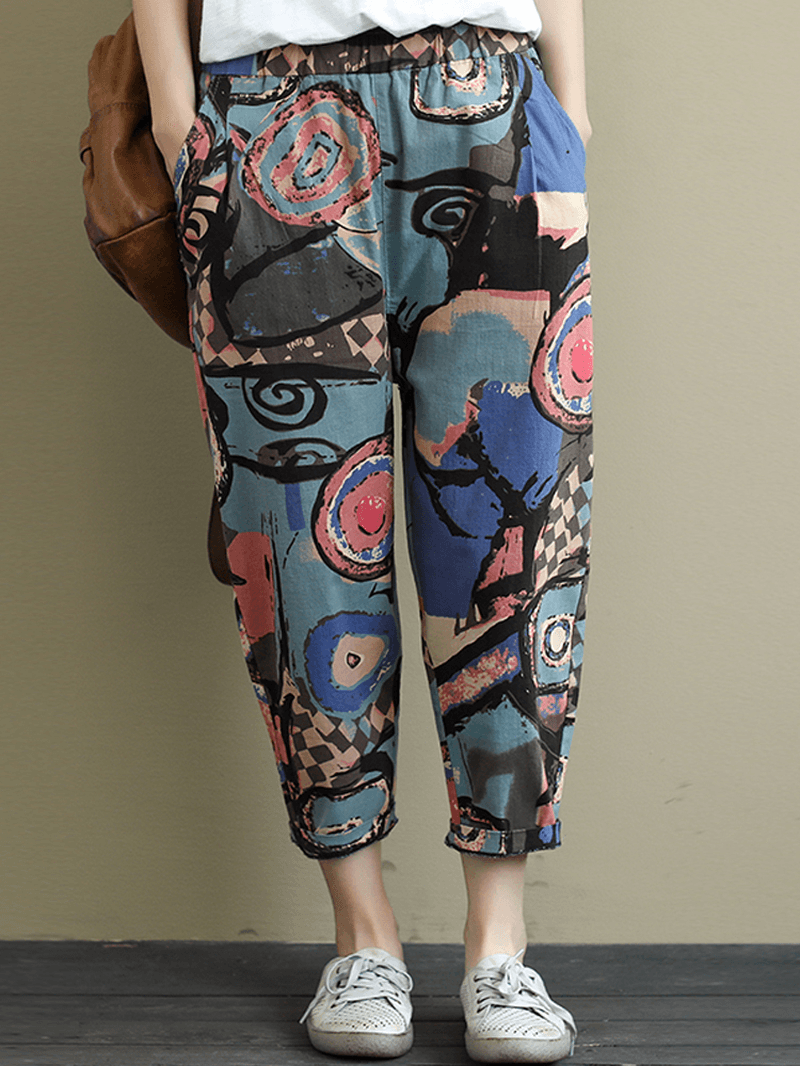 Women Elastic Waist Printed Harem Pants Casual Loose Trousers - MRSLM