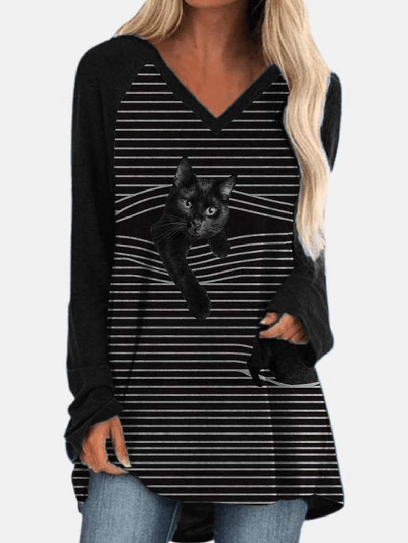 Women V-Neck Stripe Back Cat Print Long Sleeve Casual T-Shirts - MRSLM