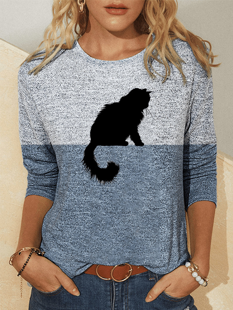 Women Cute Cat Print Colorblock Long Sleeve Casual Blouses - MRSLM