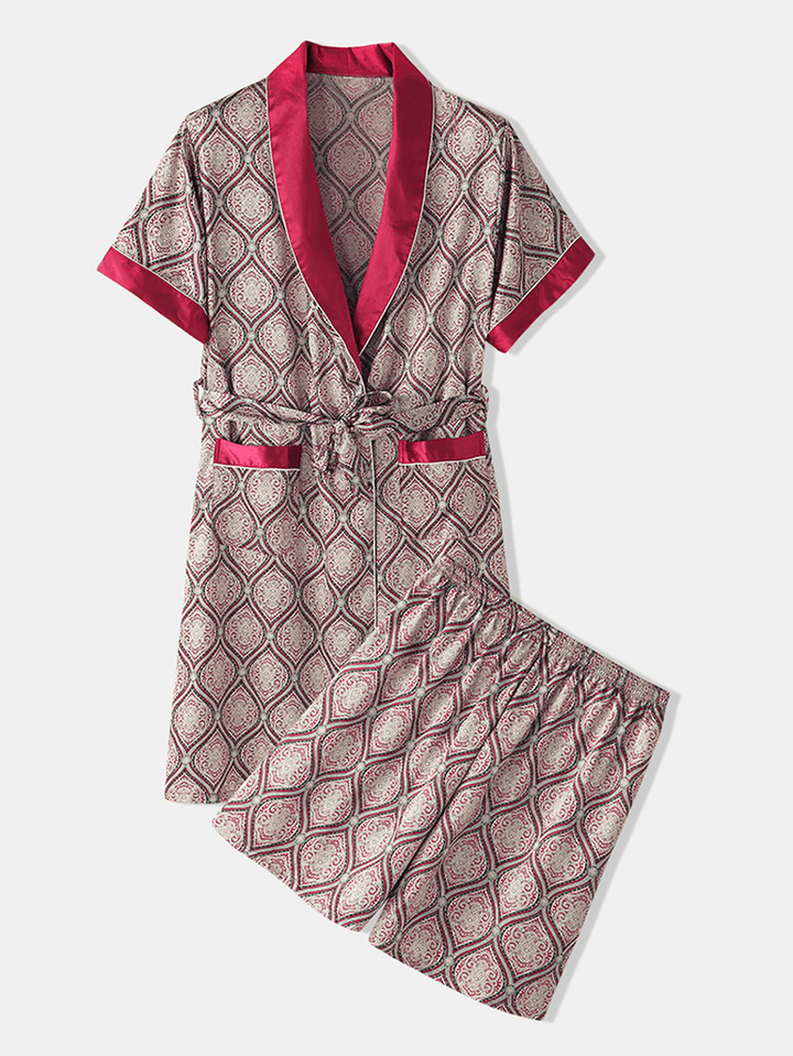Mens Luxury Pattern Print Pocket Robe Shorts Home Casual Two Piece Faux Silk Pajama Set - MRSLM