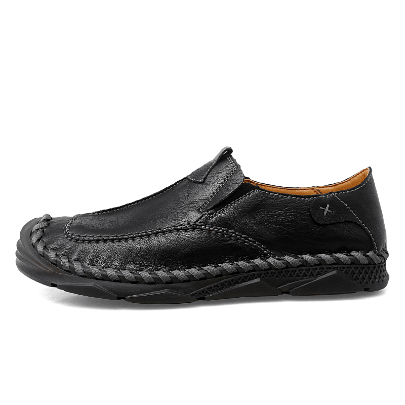 Men Cowhide Hand Stitching Breathable Soft Sole Slip on Comfy Casual Driving Shoes - MRSLM