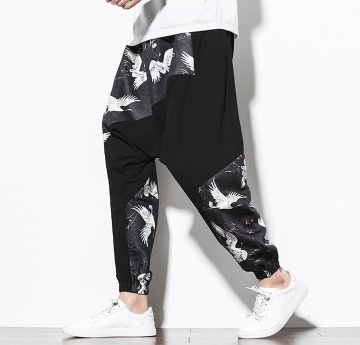 Chinese Style Crane Print Big Crotch Cotton and Linen Casual Pants - MRSLM