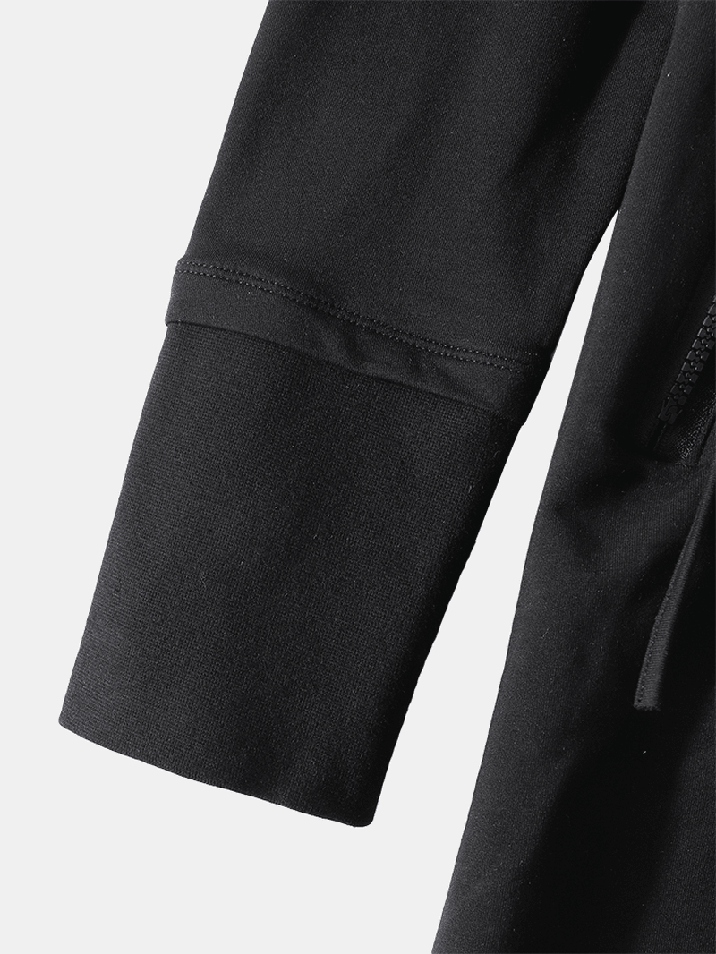 Mens Black Hooded Zip-Up Irregular Hem Long Sleeve Design Cardigans with Pocket - MRSLM