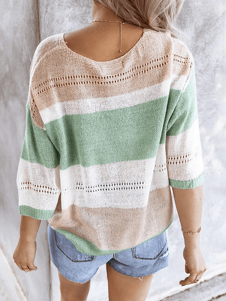 Casual Loose Color Block V-Neck Long Sleeve Sweaters - MRSLM