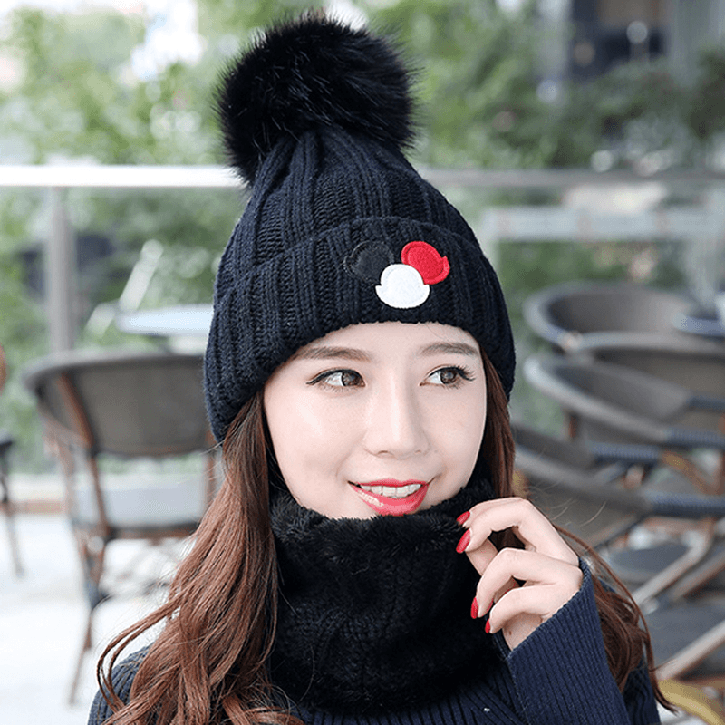 Women Windproof Thicken plus Velvet Knit Hat Scarf Set Winter Earmuffs Beanie Cap - MRSLM