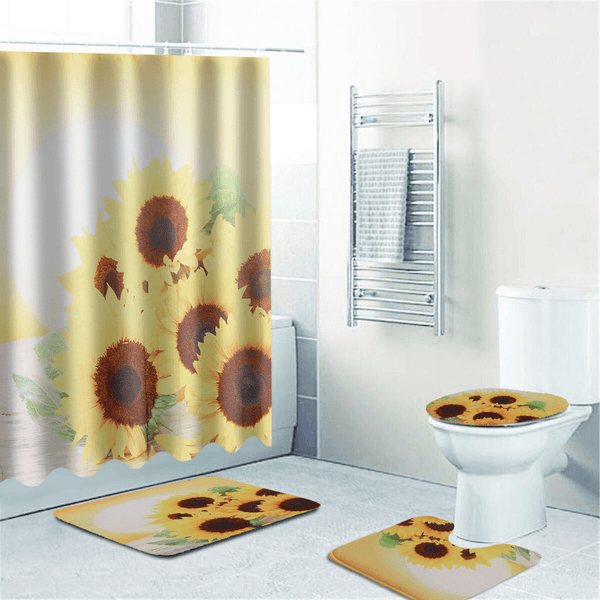 Sunflower Waterproof Shower Curtain Toilet Lid Cover Bathroom Non-Slip Mat Set - MRSLM