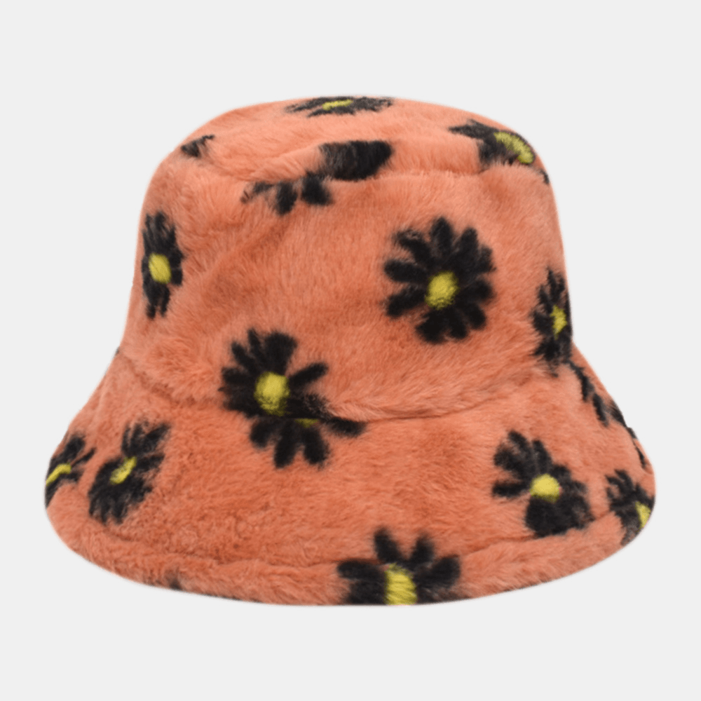 Women Lamb Hair Soft Warm plus Thicken Casual All-Match Cute Daisy Flower Pattern Bucket Hat - MRSLM