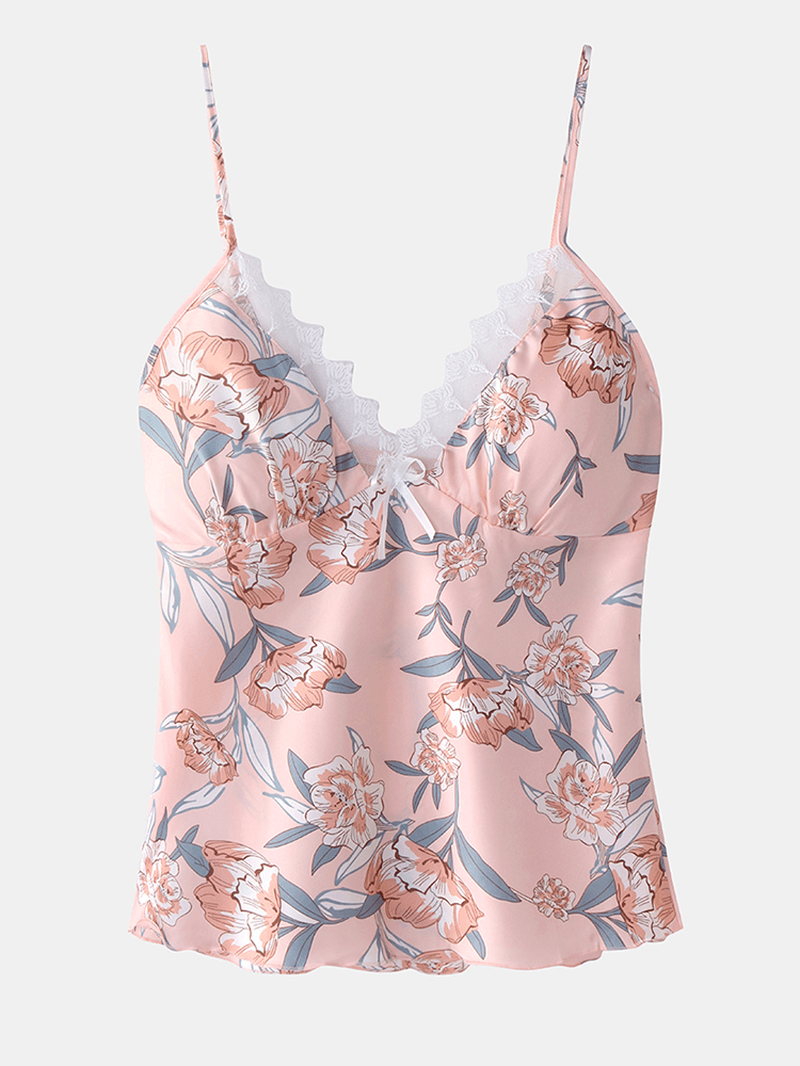 Women Floral Print Lace Trim Home Smooth Vest Pajama Set - MRSLM