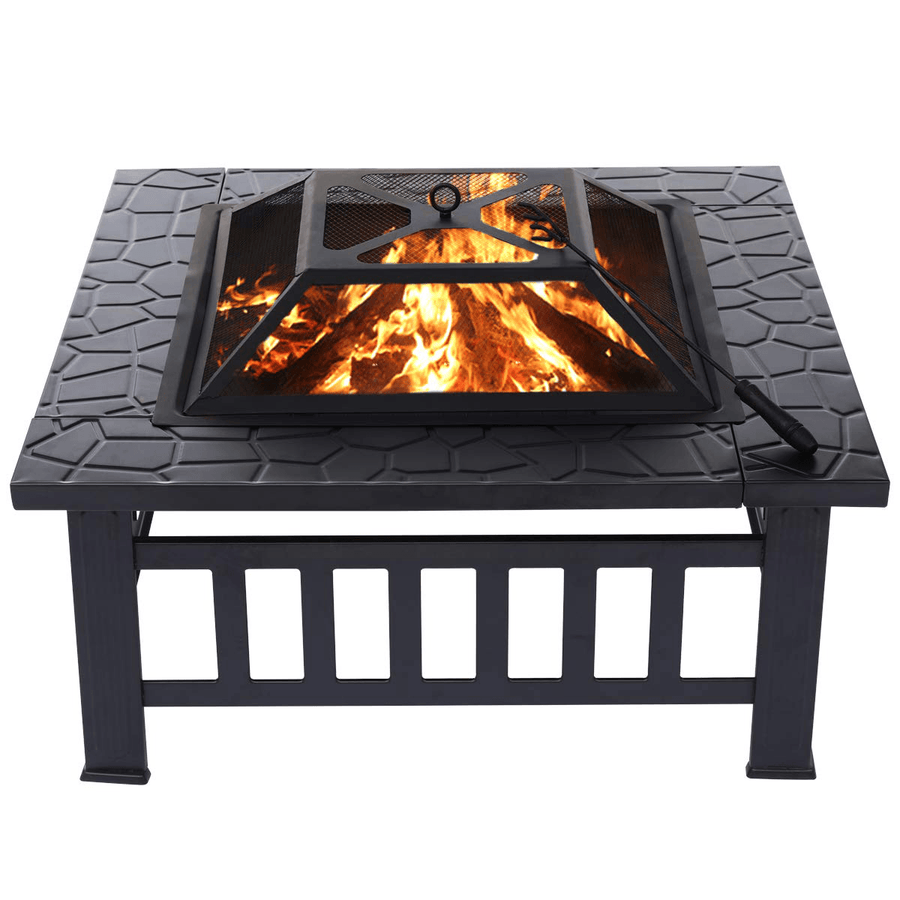 32Inch Outdoor Fire Pit Metal Square Wood Burning Stove BBQ Grill Pit Bowl with Spark Screen Cover Log Grate Poker Outdoor Camping Picnic - MRSLM