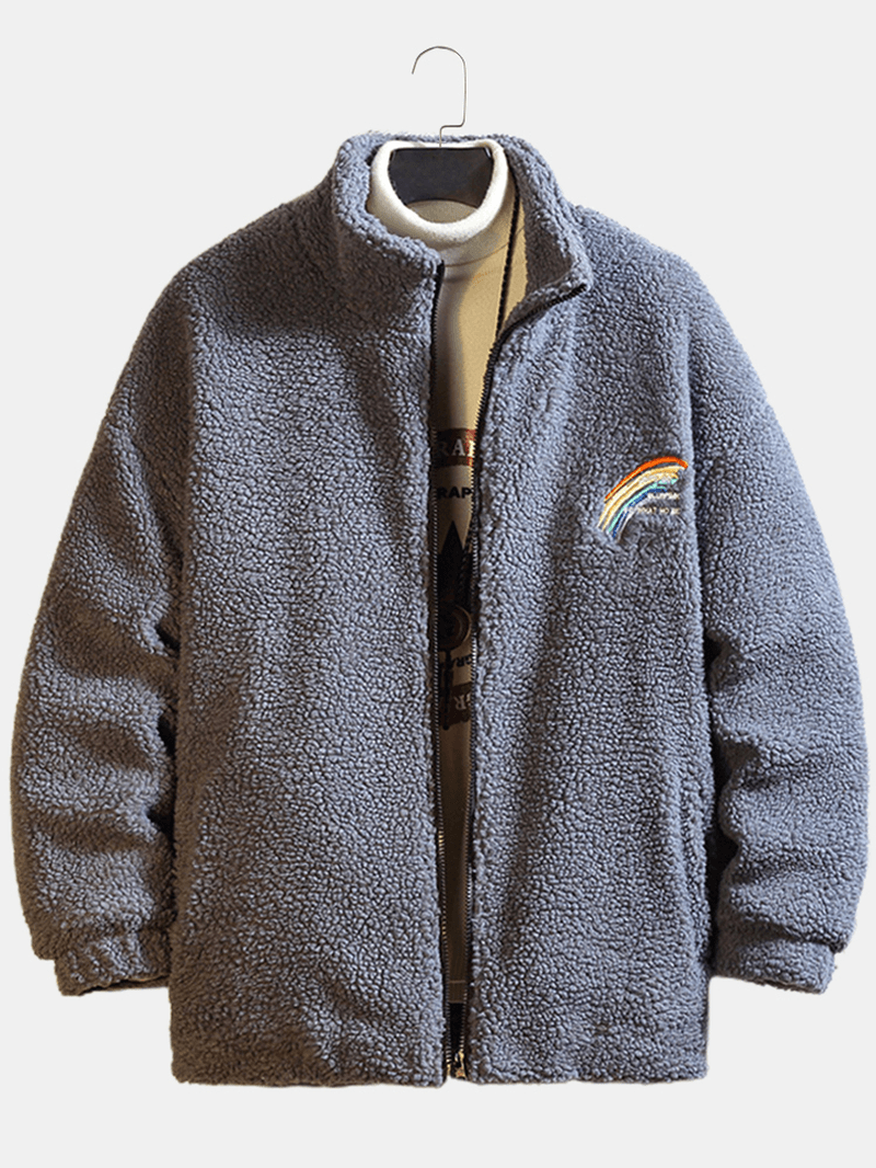 Mens Letter Rainbow Embroidered Zip Front Fleece Warm Casual Jacket - MRSLM