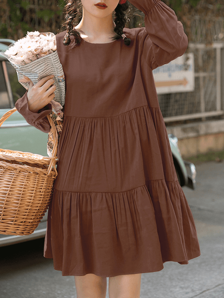 Women Cotton Solid Color Pleats O-Neck Long Sleeve Casual Dress - MRSLM