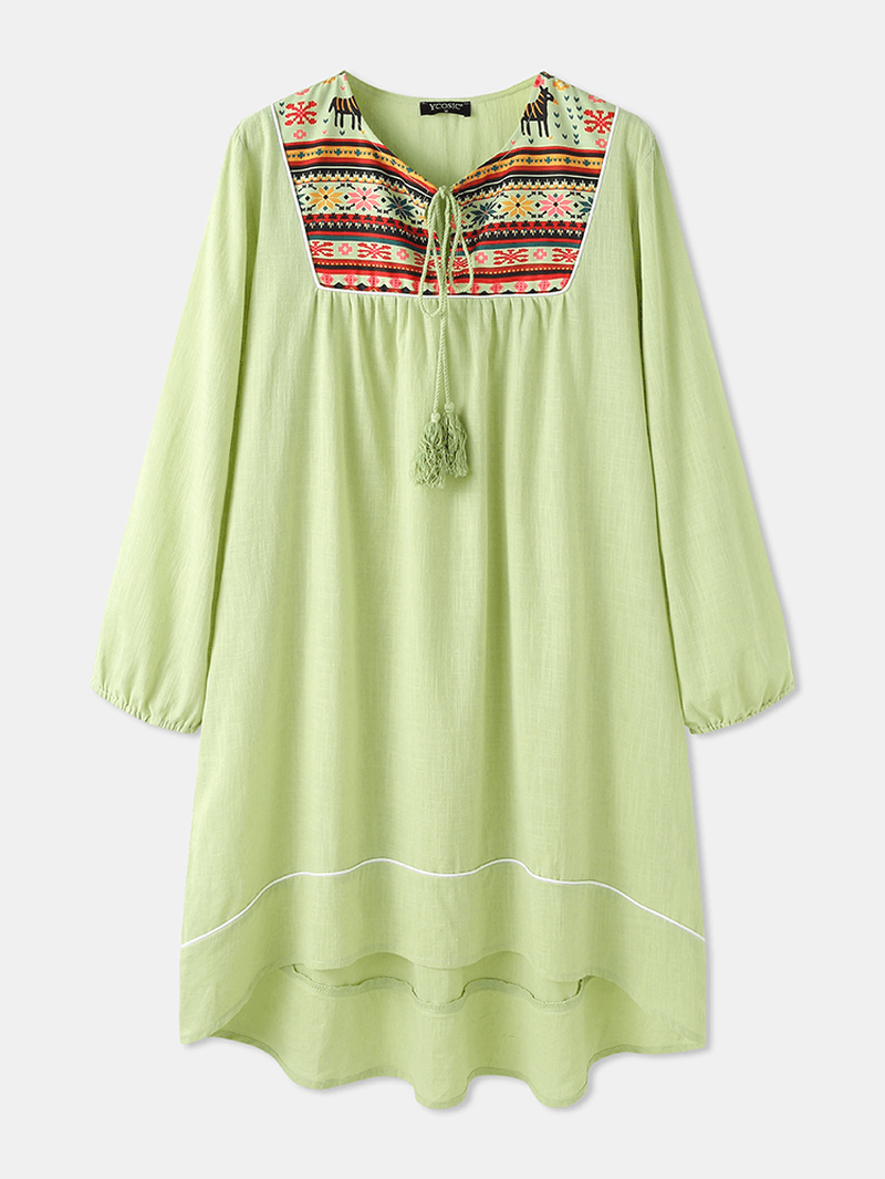 Bohemian Ethnic Print Patchwork Tassel Long Sleeve Dress for Women - MRSLM