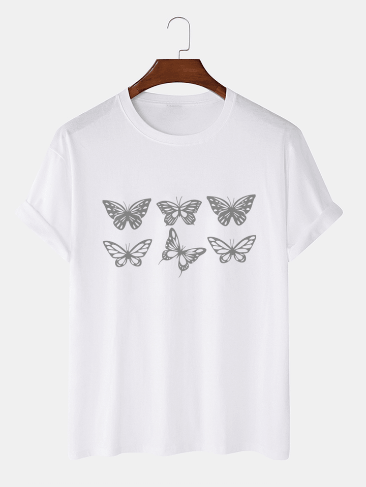 Mens 100% Cotton Butterfly Graphics Crew Neck Short Sleeve T-Shirts - MRSLM