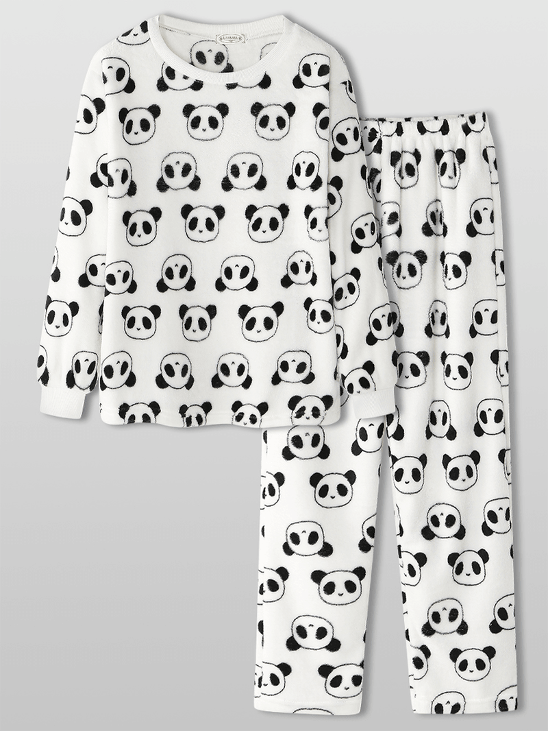 Women All over Cartoon Panda Long Sleeve Plush Warm Home Pajama Set - MRSLM