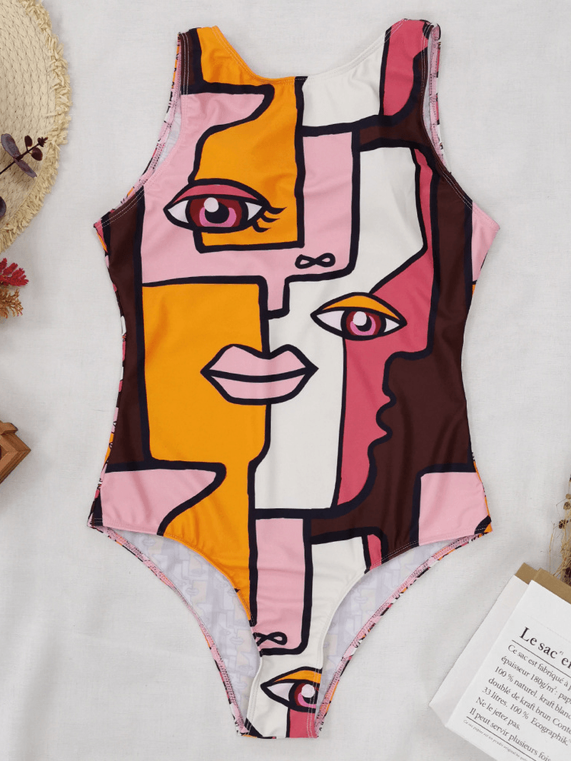 Abstract Figure Print Open Back Sleeveless One Piece Beach Swimwear for Women - MRSLM