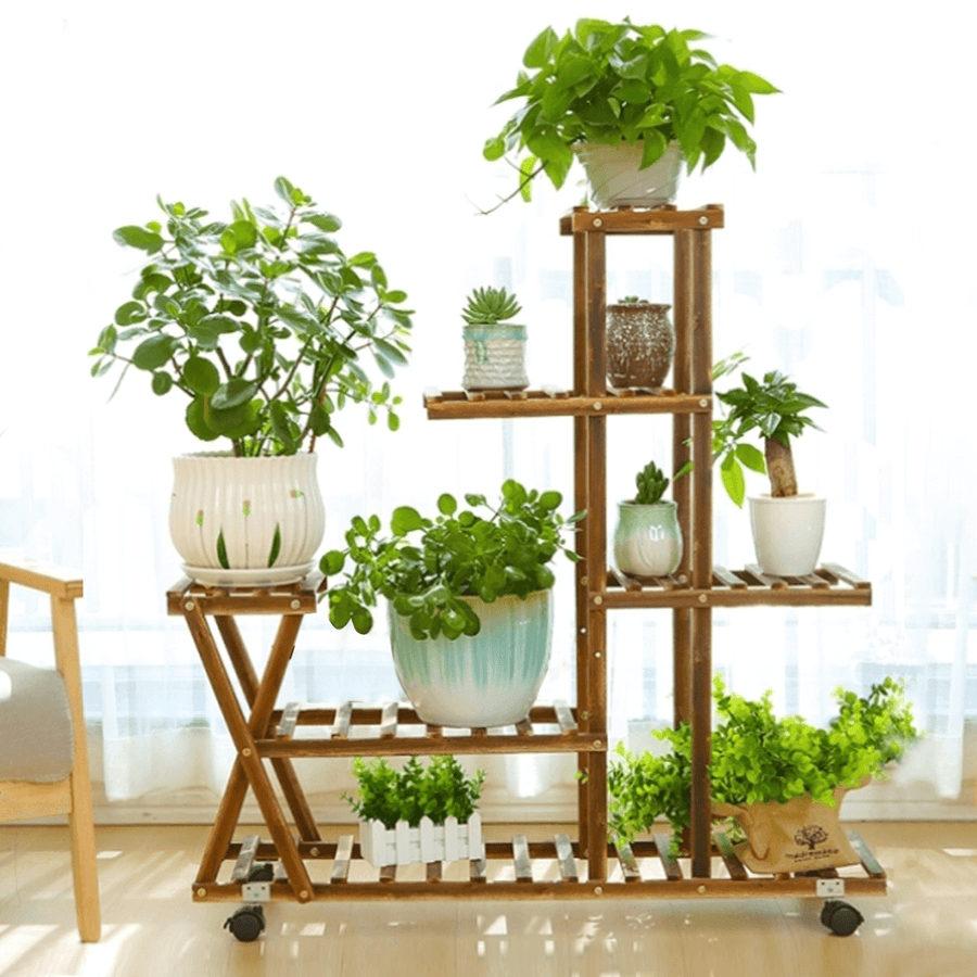 Wooden Plant Flower Pot Stand Shelf Indoor Outdoor Garden Planter with Wheels - MRSLM
