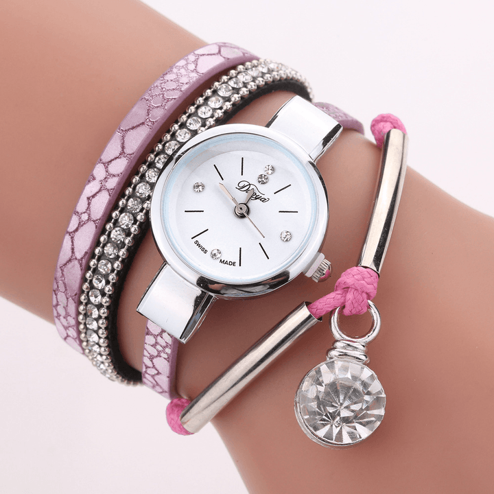 DUOYA D254 Crystal Pendant Women Bracelet Watch Retro Style Leather Strap Quartz Watch - MRSLM