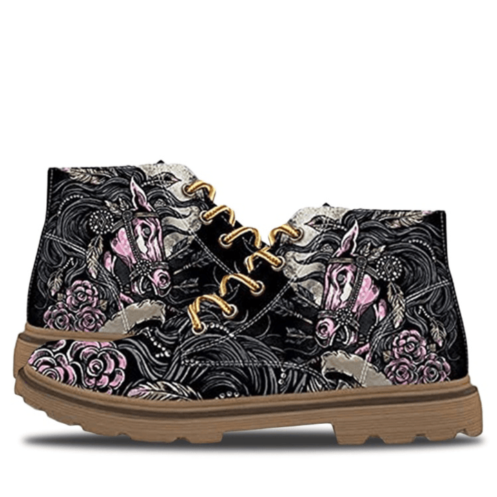 Men Leather Halloween Retro Floral Printing Non Slip Lace up Casual Martin Ankle Boots - MRSLM