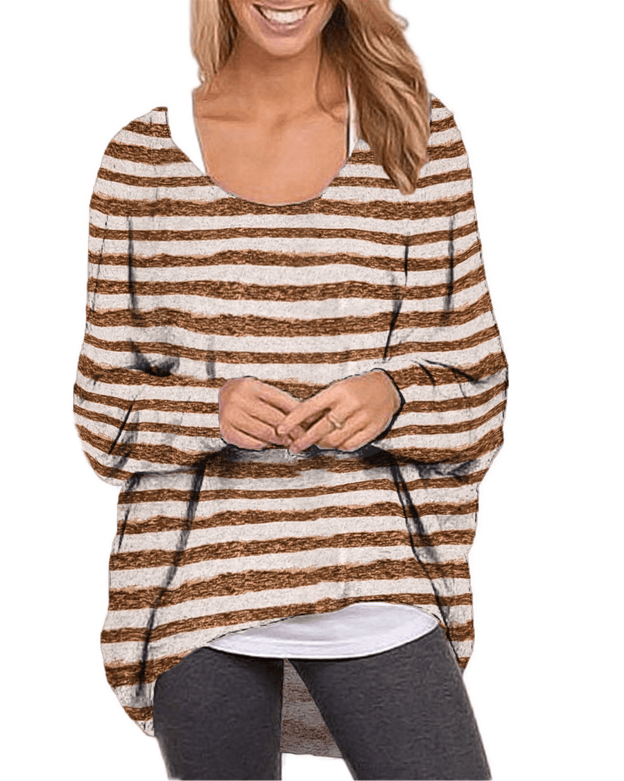 Women Long Sleeve O-Neck Stripe Baggy High Low Hem Casual Blouse - MRSLM
