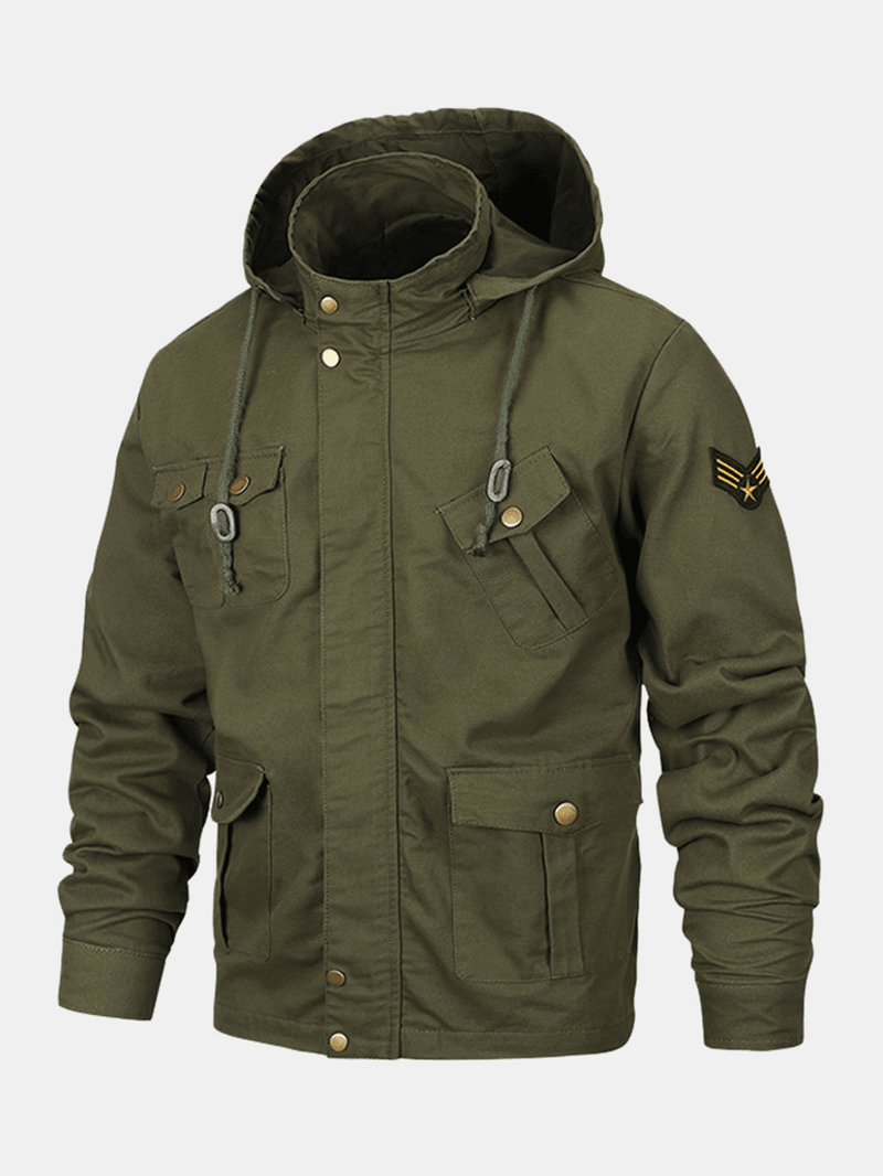 Mens Multi-Pocket Utility Cotton Washed Casual Cargo Jacket with Removable Hood - MRSLM