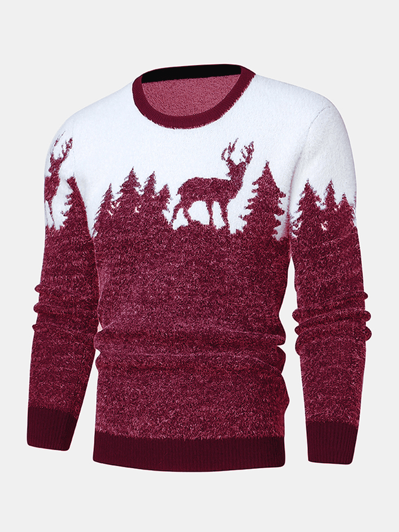 Mens Christmas Tree & Deer Knitted Graphics Long Sleeve Casual Sweaters - MRSLM