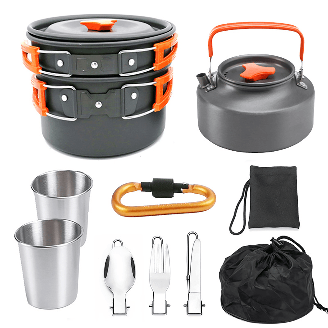 9PCS Ultra-Light Aluminum Alloy Camping Cookware Utensils Outdoor Picnic Cooking Set Tableware + Kettle + Pot + Frying Pan + Cups - MRSLM